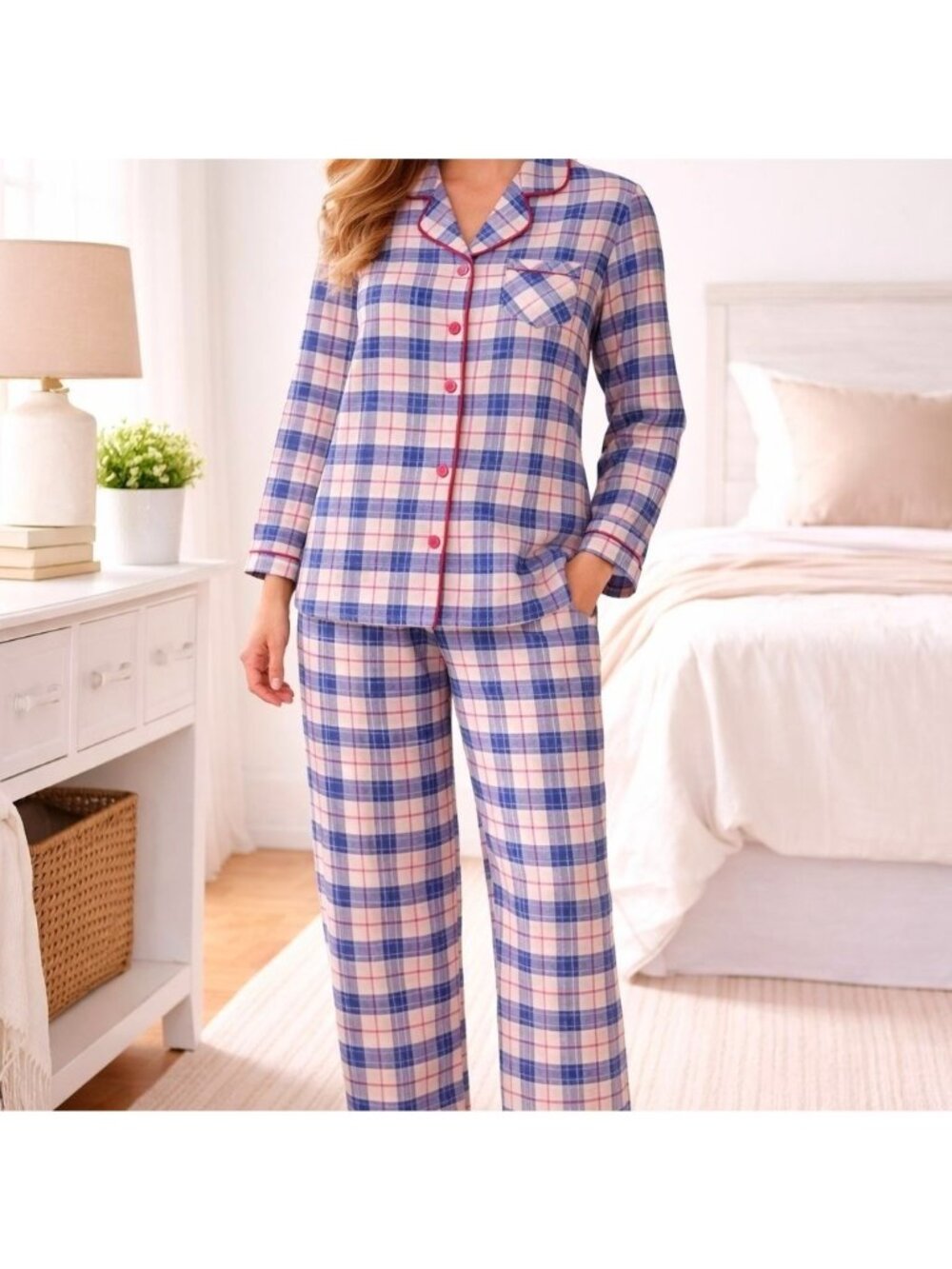 Delicates Plaid Flannel Pajama Set Size L Cotton Long Sleeve Cozy Loungewear